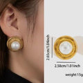Gold earrings with a pearl center worn by a person, shown on an ear and with measurements and weight details.