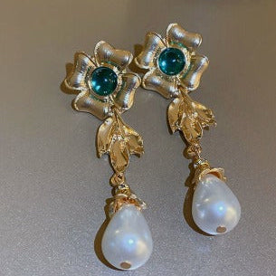 Emerald Bloom Pearl Drop Earrings
